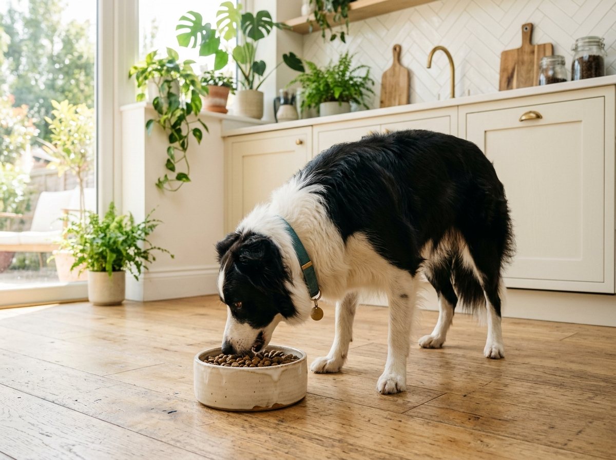 Un chien attend devant sa gamelle dans une cuisine lumineuse