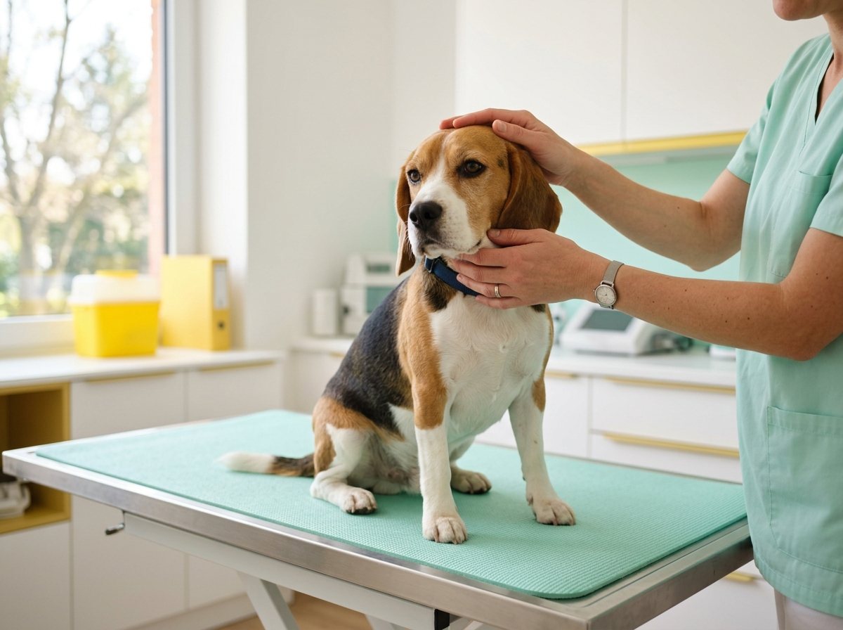 Une vétérinaire ausculte un chien calme sur une table d'examen