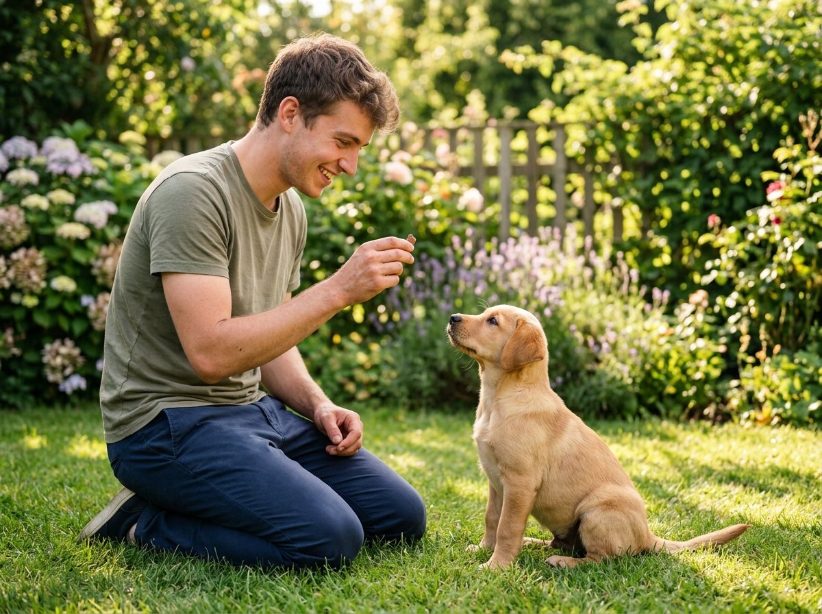 Un chiot assis regarde son maître pendant une séance d'éducation