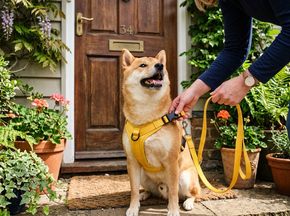 Un harnais, une laisse et des jouets pour chien